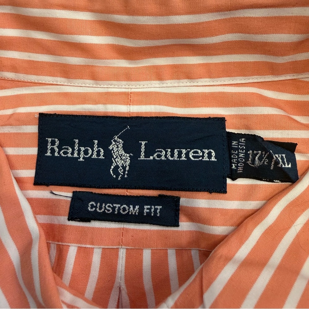 Ralph Lauren Custom Fit Striped Button Down Shirt Mens 17.5 XL Orange White - Picture 2 of 10